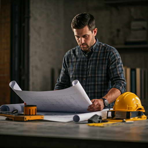 Construction professional reviewing blueprints